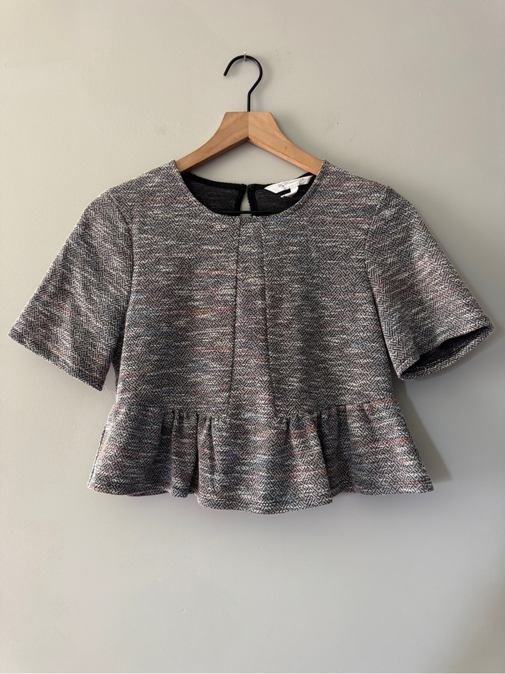 BCBGeneration | Multicolored Tweed Peplum Short Sleeve Top | S